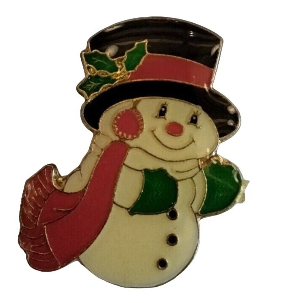 Snowman Pin Brooch Pinback Top Hat Vintage Christmas Holiday Jewelry Winter